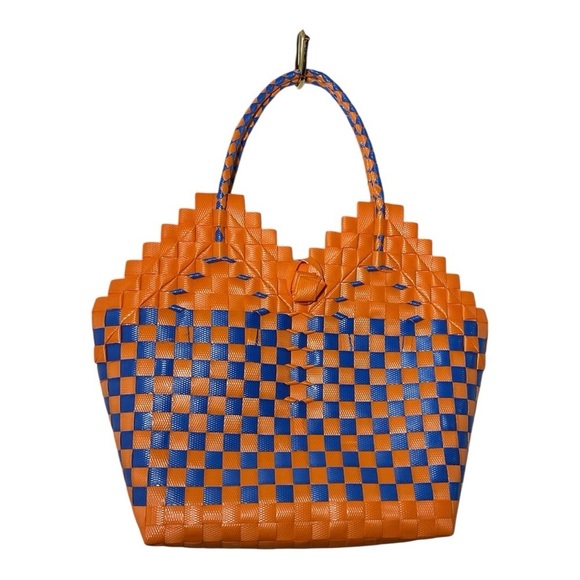 Handbags - Orange and Blue Checkered Tote Bag